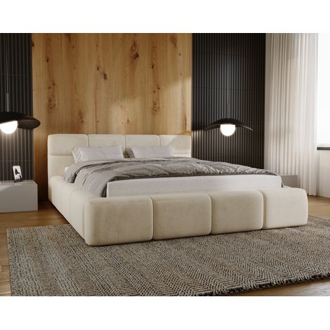 Emporius Lit double 160x200 Oslo, lit capitonné en velours avec rangement, tête de lit haute, Beige (1/5)