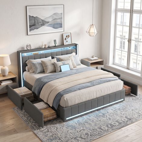 Superaly - Lit Double Capitonné 160x200cm - avec 4 Tiroirs de Rangement - éclairage LED télécommandé - Ports USB et Type-C intégrés - Sommier à Lattes - Lit adulte de minimaliste - Lin - Gris foncé (1/5)