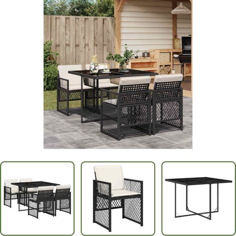 Gartentisch - 5-tlg. Garten-Essgruppe mit Kissen Schwarz Poly Rattan (1/5)