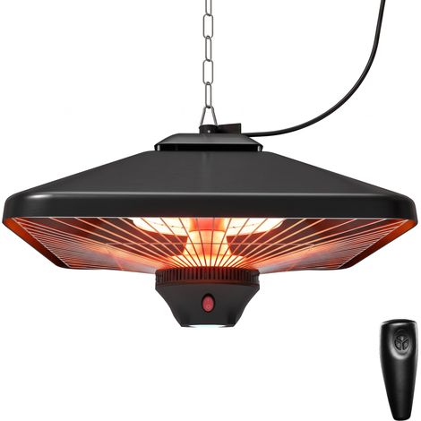 Estufa Colgante de Techo tipo Calefactor para Terraza Radiante Halógeno con Control Remoto Luz LED para Interior y Exterior 1000/2000W 43x43x25cm (1/5)