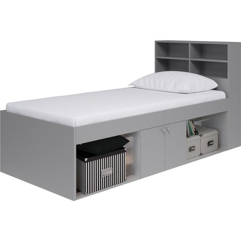 3 Feet Low Cabin Bed with Bookcase Headboard - L214 x W96 x H100 cm - Grey - Assembly Required