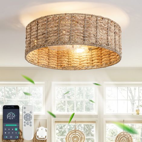 Ventilateur de plafond en rotin naturel 53 cm avec luminaire, commande via application Bluetooth et télécommande, 6 vitesses (1/5)