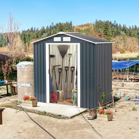 7'x4' Abri de Jardin en Métal Rangement Outils Extérieur Cabane pour Vélos Équipement Piscine Portes Coulissantes Gris (1/5)