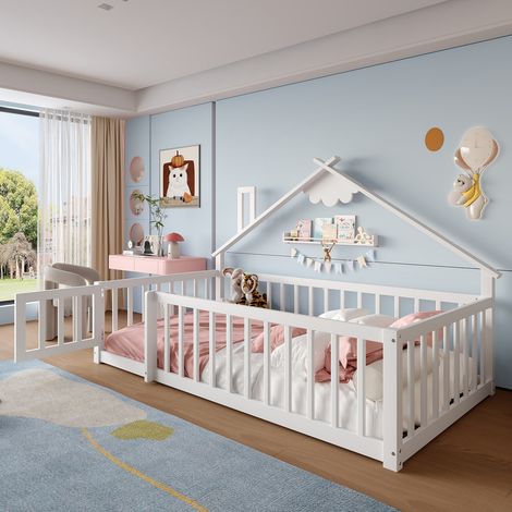 Lit cabane enfant 90x190 cm - avec barrières de sécurité - bois massif - blanc (sans matelas)