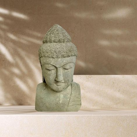 Statue terrasse zen buste de bouddha en pierre volcanique 40 cm (1/4)