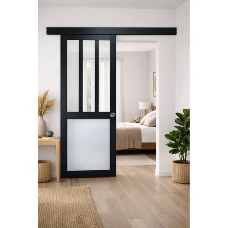 Porta Scorrevole Workshop Nera e Pannelli Vitree bianchi H204 x L73 + Binario in Alluminio Nero e 2 Gusci