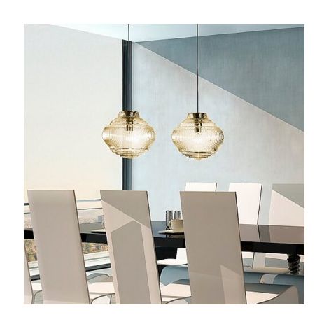 Bonnie Suspension En Verre Soufflé Ambre Finition Rigadin Structure En Métal Gris Diamètre 27.5 Cm Hauteur 313 Cm E27 Ip20 Intérieur (1/5)