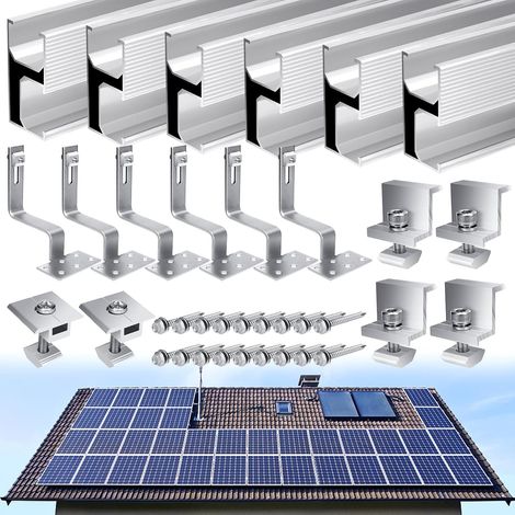 Kit Support pour Panneau Solaire, Fixation Panneau Solaire, 6 Rails 20cm  Support de montage · incl. rails, crochets, pinces et vis · pour toit plat, bateau, camping-car et mur