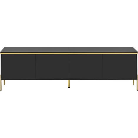 Mueble TV moderno negro brillante con 4 puertas, pasacables y detalles dorados, 170 x 38 x 50 cm (1/5)