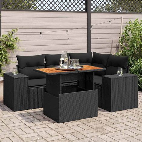 Salon de jardin 5 pièces avec coussins, résine tressée noire et table relevable, 54kg - PANGIVO (1/5)