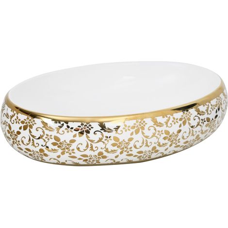 Countertop Basin White and Gold Oval 59x40x15 cm Ceramic vidaXL (1/5)