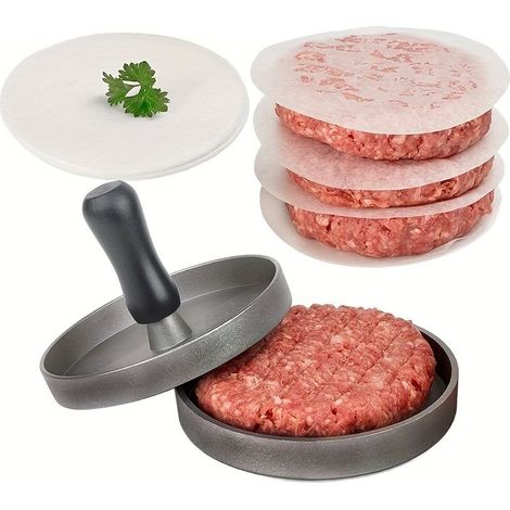 Hamburgerpresse mit 100 Blatt Backpapier, antihaftbeschichtet, aus Aluminium, zum Grillen und Kochen