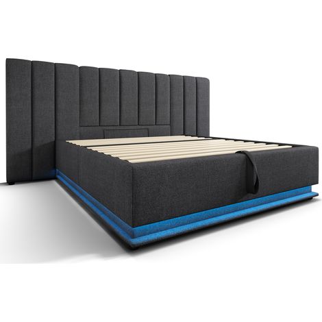 Cama canapé 160 x 200 cm de lino gris con LED y puertos USB-C, somier de láminas, HOMVRA (1/5)
