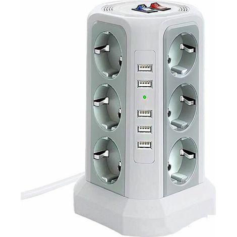 Multiprise tour parafoudre 12 prises CA et 5 ports USB Protection 1500J Câble 2m avec interrupteurs indépendants Blanc (1/4)