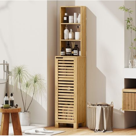 Mobile bagno alto in bambù naturale, stile naturale con anta a lamelle, 3 ripiani aperti e 2 ripiani regolabili, 34 x 30 x 170 cm (1/3)