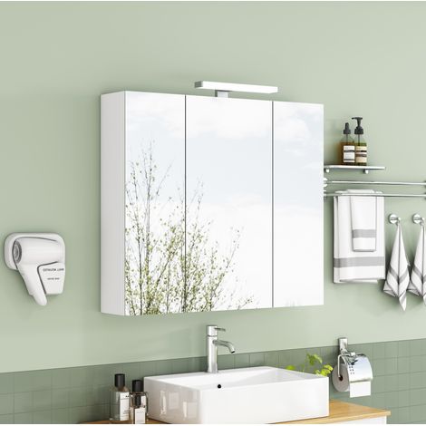MODFU – Armadio toilette da parete 80 cm in MDF/vetro con 3 ante a specchio, ripiani in vetro, LED e presa francese – Bianco (1/5)