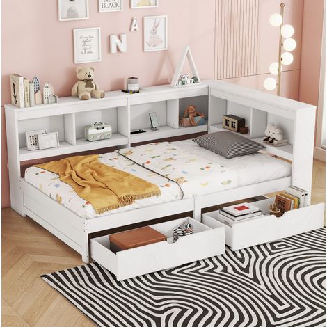 lit adulte rangement 90x200 panneau bois blanc USB double HAVRYA (1/5)