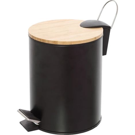 Pattumiera bagno con pedale in acciaio nero opaco e bambù 3 Lt Haiti (1/5)