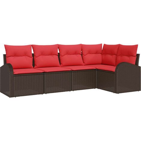 Conjunto de sofás de jardín 5 pcs Marrón y Rojo ratán sintético vidaXL