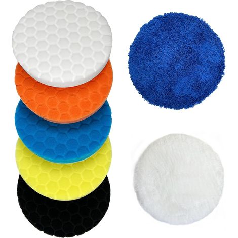 Kit de Polissage Voiture 7 Pièces, Pad Polissage 150mm pour Voiture Polisseur, Éponge Alvéolées, Disque en Microfibre, Éponge à Cire Lavable et Kit Lustrage Voiture pour Perceuse (1/5)