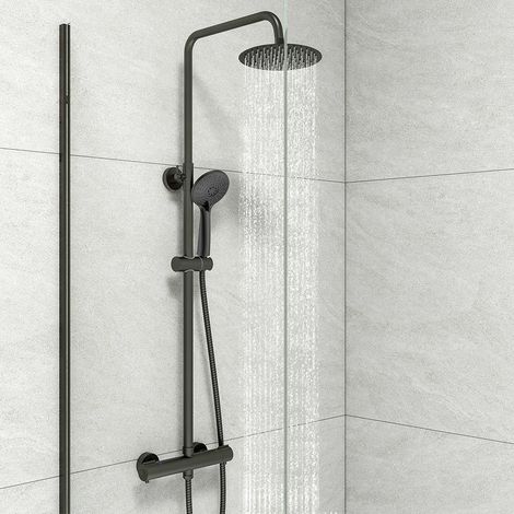 Colonna doccia termostatica nero con miscelatore 38 ° C, Set doccia regolabile in altezza 72-125cm,Sistema doccia a testa rotondo per bagno