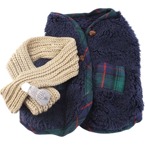 Vêtements d'hiver pour petits chiens (Bichon frisé, Poméranien, Caniche) bleus (avec écharpe) taille M (1/4)
