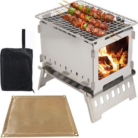 Poêle à bois portable, cuisinière à dos en acier inoxydable, pliable et coupe-vent avec sac de transport, multifonction 3 en 1 pour le camping, la randonnée, équipé d'un tapis ignifuge
