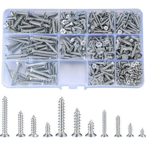 Assortiment de autotaraudeuses M3 M4 M5, jeu de vis à tête fraisée cruciforme zinguées, vis de fixation pour machines à bois pour bricolage 11 tailles (1/5)