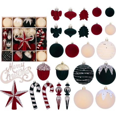 Lot de 68 boules de Noël (rouge bordeaux et blanc cassé) – Décorations à suspendre en peluche rouge et finition peinte (1/3)