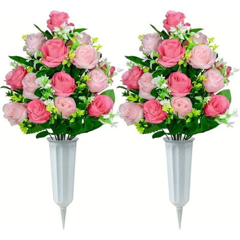 Fleurs artificielles pour cimetière, 2 bouquets de roses artificielles avec vase, pour la décoration de pierres tombales.