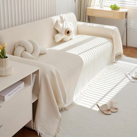 Große Waffelpiqué-Tagesdecke, Sofaüberwurf, waschbare Sofadecke mit zarten Fransen, 180 x 180 cm – Cremeweiß (1/5)