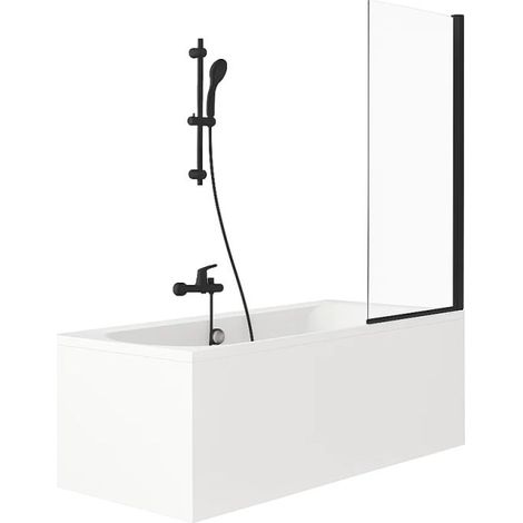Pack bañera recta 170 x 75 JACOB DELAFON Elise + pack rociador y mezclador bañera negro mate + mampara bañera negro mate + desagüe