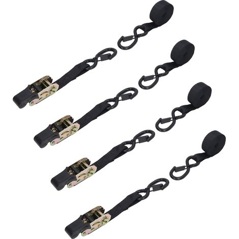 4 tendeurs à cliquet 25 mm x 3 m avec mousquetons pour arrimage de voitures, camions et motos, lot de 4. (1/5)