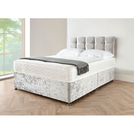 5FT Silver crushed velvet Divan Bed with mattress, Cube hb and 0 drawers