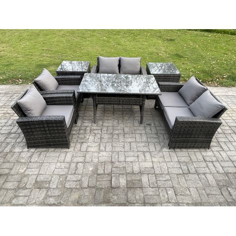 Fimous Rattan Gartenmöbel-Set Terrassen mit Länglicher Esstisch Doppelsitzsofa 2 Beistelltischen Dunkelgrau gemischt (1/5)