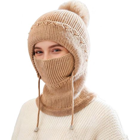 Damen Sturmhaube mit Gesichtsschutz, winddicht & warm, Fleece, für Outdoor & Wintersport, Braun (1/5)