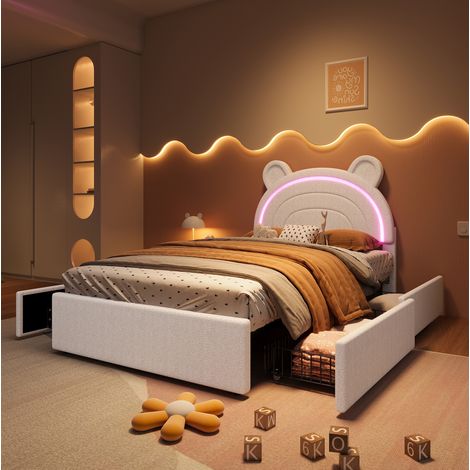 Cama tapizada infantil 90/200 cm beige con 4 cajones, cabecero con orejas y LED por app (1/5)