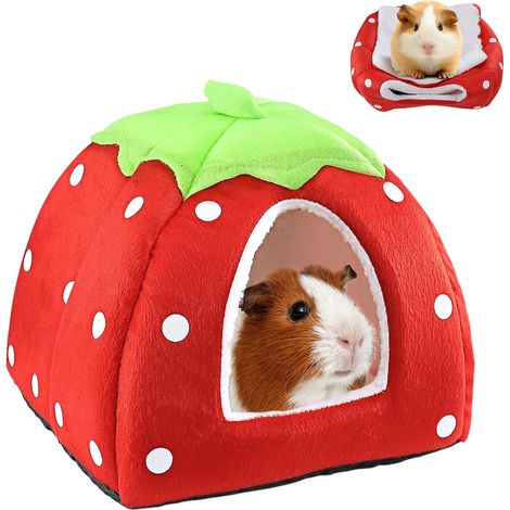 Casetta per porcellini d'India, cuccia per conigli, zona notte in peluche per piccoli animali, capanna invernale da interno per cincillà/riccio/porcellini d'India (fragola) (1/5)