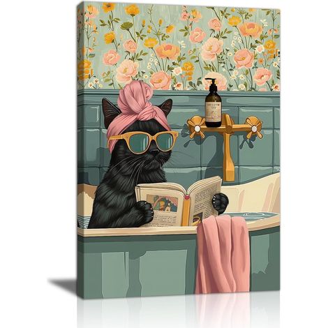Drôle Salle de bain Animal Tableau Decoration Murale Avec Cadre Humour Chat noir Lecture dans la Baignoire Impression Sur Toile Moderne Affiche Peintures Decoration Chambre Maison Bureau 40x60cm (1/5)