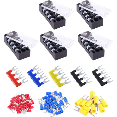 Lot de 70 borniers (5 ensembles), 5 pièces 4 positions 600 V 15 A double rangée de bornes à vis + 5 bandes de barrière préisolées + 60 connecteurs de fil de fourche isolés (4P + connecteur de (1/5)