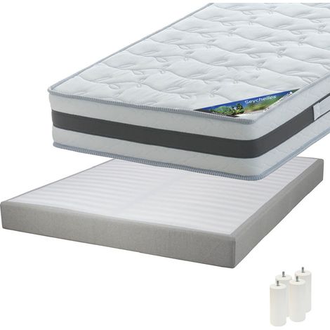 SEYCHELLES - Pack Matelas 140x190 + Sommier Tapissier Démontable 2x20 Lattes Lin + Pieds Blancs 15cm (1/5)