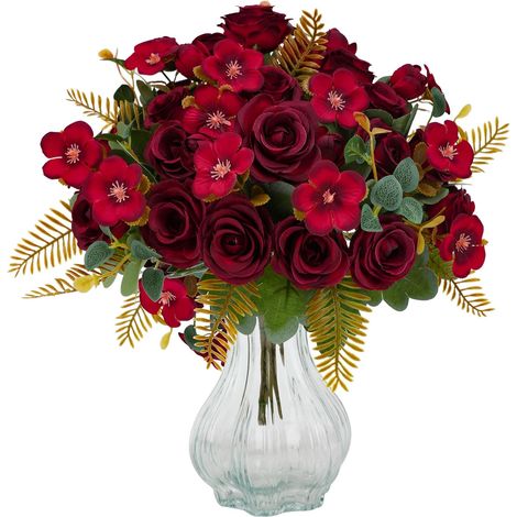 4 bouquets de fleurs artificielles d'automne, roses fausses orange brûlé, pour la décoration de table lors d'un mariage ou d'une fête. Couleur rouge foncé.-AquaForge (1/3)