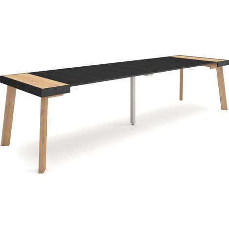 Skraut Home - Table console extensible, Console meuble, 300, Pour 14 personnes, Pieds en bois, Style moderne, Chêne et noir (1/5)