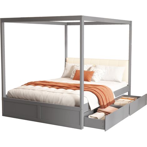 Lit cabane 140x200 avec 2 grands tiroirs, tête de lit rembourrée et structure blanche/grise pour chambre enfant - CHICFURN (1/5)