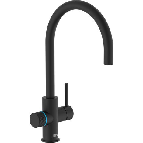 Aquafy grifería para cocina de dos salidas con función filtro de agua y caño curvo. Filtro de 5 etapas incluido. Negro mate.