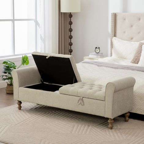 Banc de rangement velours gris beige 156 x 46 x 51 cm, accoudoirs roulés, repose-pieds, pieds hévéa, convertible lit de jour pour salon entrée chambre (1/5)