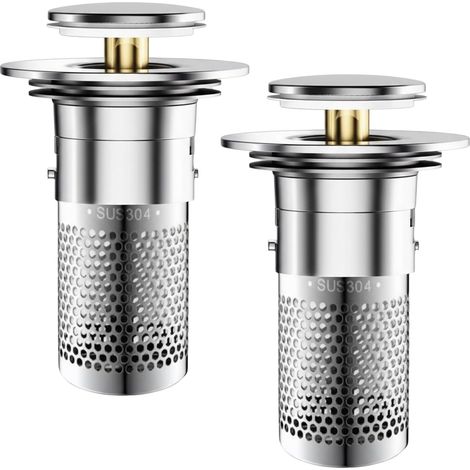 Lot de 2 Bouchons Pop-up universels 34-40mm, bonde lavabo avec Tamis à Cheveux, écoulement Rapide, Acier Inoxydable & ABS – Installation sans Outil pour Baignoire, Cuisine et Salle de Bain (1/5)