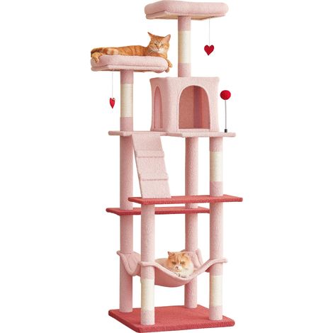 Grand arbre à chat de 178 cm de haut pour chats d'intérieur avec griffoirs recouverts de sisal, niche en peluche, grand perchoir rembourré, hamac confortable, rose (1/5)