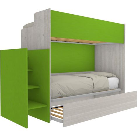 Letto a castello minimalista con terzo letto estraibile - Rovere rock e Verde mela
