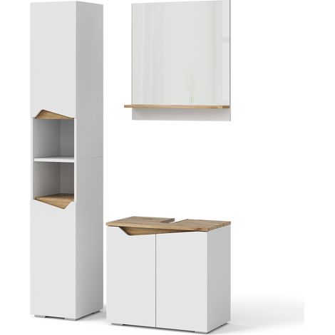 Ensemble de meubles de salle de bain Marelle, Blanc, 3 pièces, avec armoire haute, Vicco
